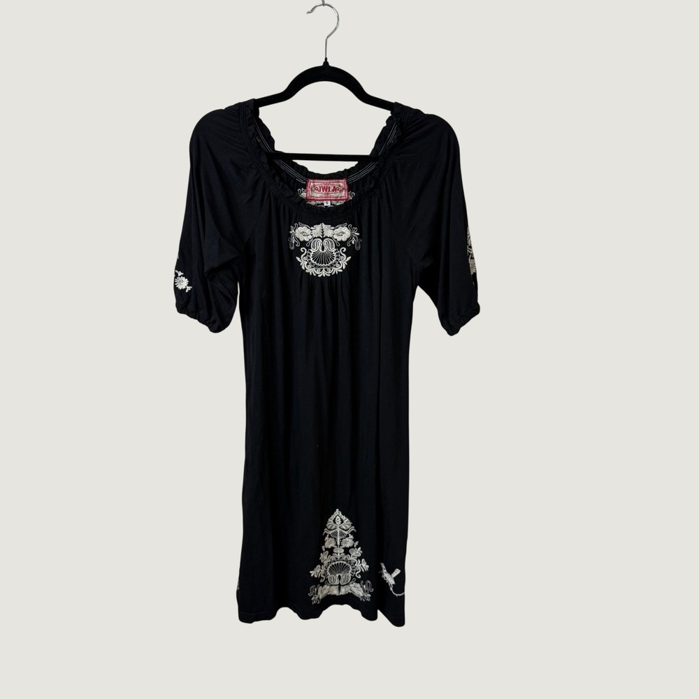 JWLA Johnny Was Dress Black White Embroidered Floral Cotton Boho Peasant Small